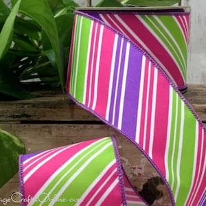 d. Stevens Wired Ribbon, 2.5&quot;  Pink, Purple and Green Diagonal Stripes, TEN YARD ROLL ~ Delia ~  Spring, Summer Wire Edged