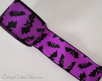 Halloween Wired Ribbon, TEN YARD ROLL,  2 1/2"  wide, Black Bats on Purple Satin -  Offray  ~ Batty 10 ~ Craft Decor Wire Edged Ribbon