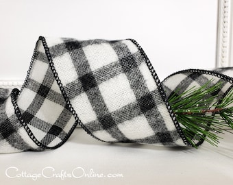 d. Stevens Christmas Wired Ribbon, 2 1/2", Black and White Check Flannel, TEN YARD ROLL ~ Windowpane 40 ~ Buffalo Plaid Wire Edged Ribbon