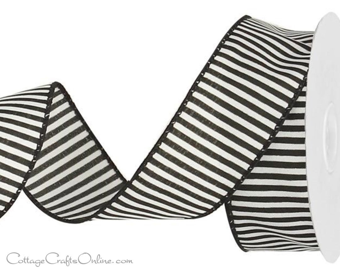 Black and White Thin Stripe Wired Ribbon, 1.5 Wide, TEN YARD ROLL