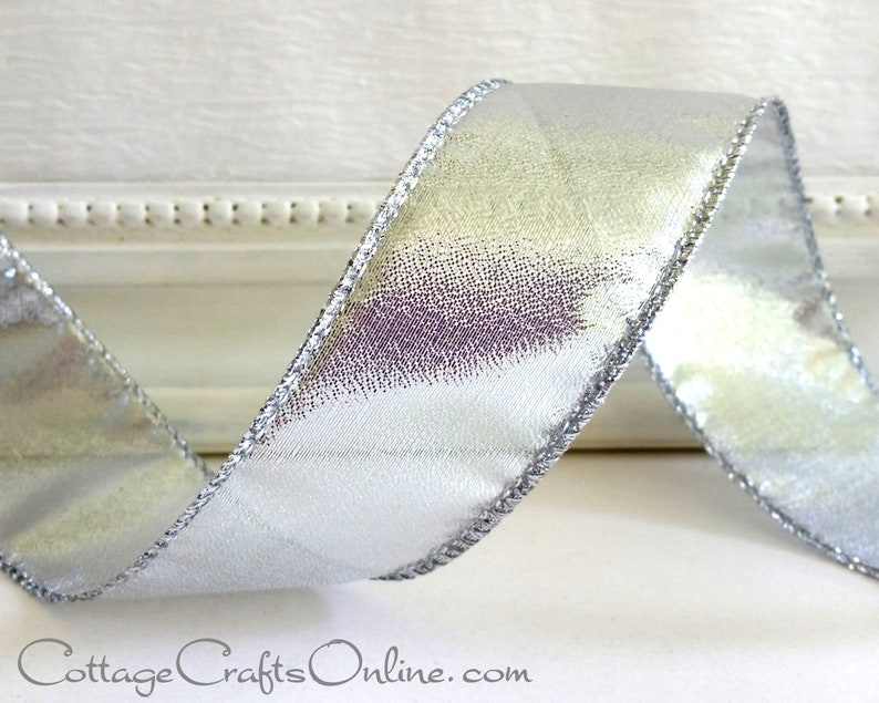 FIVE YARDS, Wired Ribbon, 1.5 Wide, Silver Metallic Offray Silverado Christmas, Hanukkah Craft, Decor Wire Edged Ribbon Bild 1