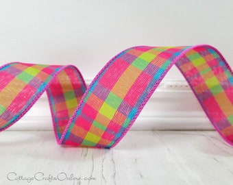 Plaid Wired Ribbon, 1.5" Pink,  Lime Green, Turquoise Blue - THREE YARDS ~ Miami Chic Lime ~ Spring, Summer Tartan Check Wire Edged Ribbon