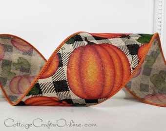 Wired Ribbon, 2 1/2", Orange Pumpkins, Black Tan Diagonal Gingham Check ~ TEN YARDS ~ Elmer 40 ~  Halloween, Fall, Thanksgiving