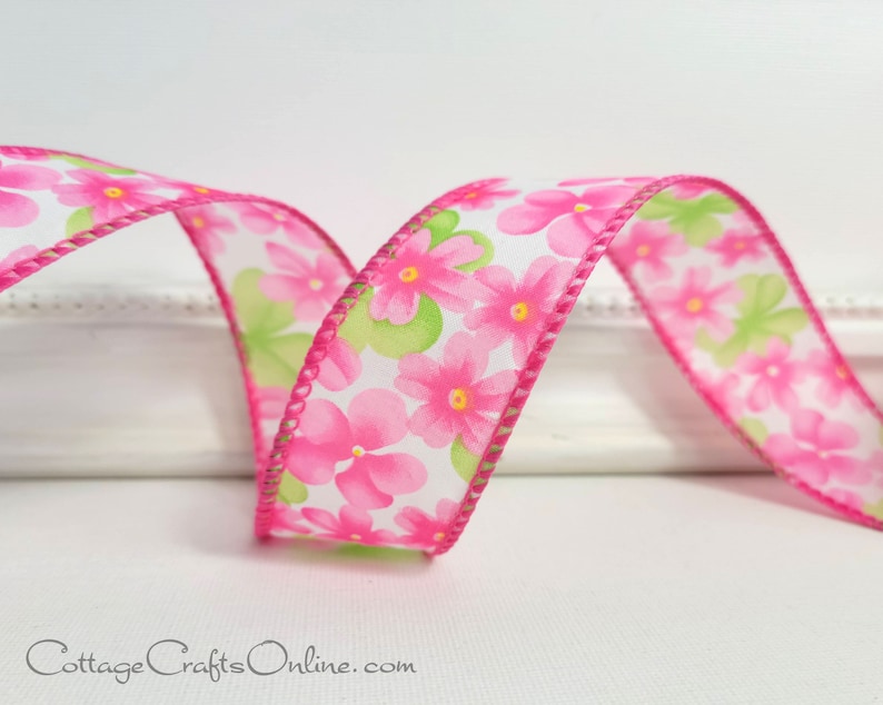 THREE YARDS Wired Ribbon 1 1/2  Pink Green Flower image 1