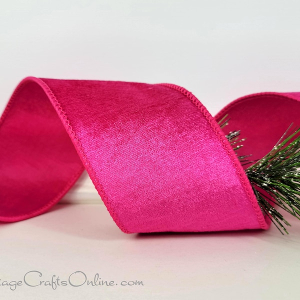 Christmas Wired Ribbon, 2.5"  Fuchsia Pink Velvet, Satin Back - TEN YARD Roll -  Bright Pink Velvet Wire Edged Ribbon