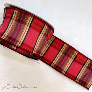 Wired Ribbon, 2.5, Red, Maroon, Brown Faux Dupioni Tartan Plaid TEN YARD Roll Vonda Highland 40 Christmas, Fall Wire Edged image 1