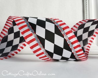 Christmas Wired Ribbon, 2.5", Black and White Harlequin, Red and White Stripe - TEN YARD ROLL ~ Queen's Jester ~ Craft Wire Edged Ribbon