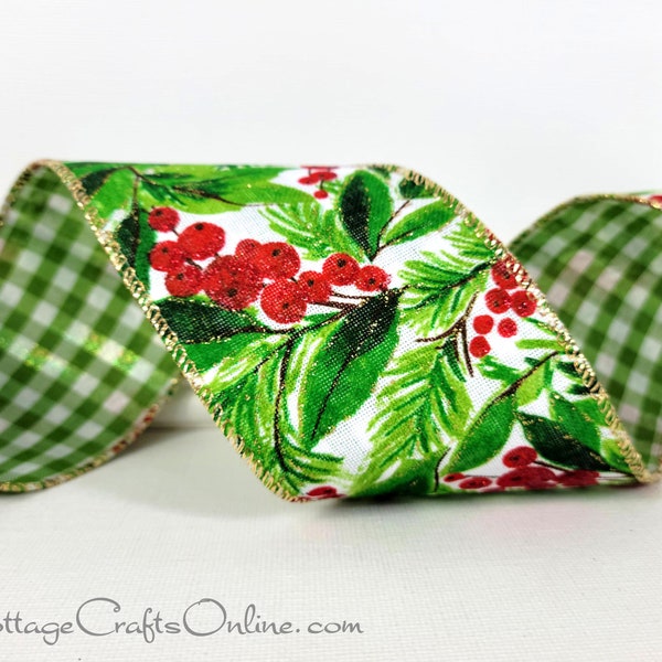 Christmas Wired Ribbon,  2.5", Red Glitter Berries and Greens, Checkered Back, TEN YARD ROLL, d. Stevens ~ Holiday Foliage ~ Wire Edge