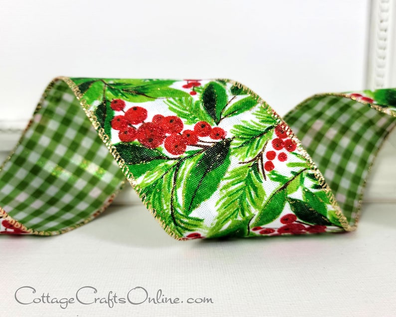 Christmas Wired Ribbon, 2.5, Red Glitter Berries and Greens, Checkered Back, TEN YARD ROLL, d. Stevens Holiday Foliage Wire Edge image 1