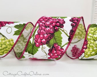 Wired Ribbon, 2.5" wide, Purple, Green, Burgundy Grapes on White, TEN YARD ROLL ~ New Vines ~ Spring, Summer,  Fall Winery Fruit Print