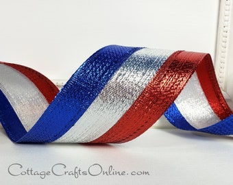 Wired Ribbon, 2.5", Red, Silver, Blue Metallic Stripe - TEN YARD ROLL ~ Regina Tri-Stripe 40 ~ Patriotic, 4th of July, Wire Edge Ribbon