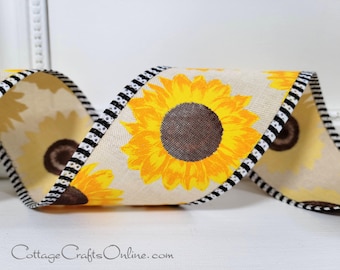 Sunflowers, Striped Edge 2.5" Wired Ribbon, TEN YARD ROLL,  Yellow, Gold, Brown Flowers  ~ Glorious ~  Linen Look Summer, Fall  Ribbon