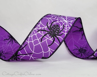 Halloween Wired Ribbon, 2.5", Black Spiders, Spider Web, Glitter, Purple Satin  ~ TEN YARD ROLL ~ Stanley Crawler