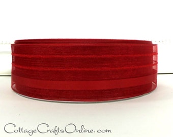 FIFTY YARD ROLL, Wired Ribbon, 1.5" wide,  Red Striped Semi-Sheer, Offray ~ Kempton Red ~ Valentine, Christmas Wire Edged Ribbon