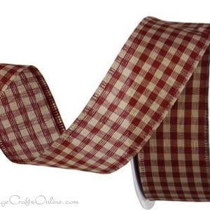 May include: Red and beige gingham ribbon with a woven texture. The ribbon is on a white spool.