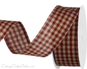 Wired Ribbon,  1.5" wide, Burgundy Red Beige Tea dye  Gingham Check ~ Ten Yard Roll ~ Greta Prim Fall Plaid