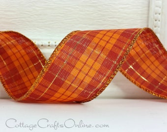 THREE YARDS, Fall Wired Ribbon Plaid, 1.5" wide, Orange, Brick Red, Gold Metallic ~ Lush ~ Thanksgiving Craft Wire Edged Ribbon