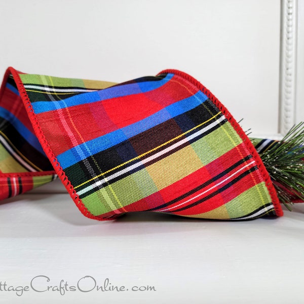 Christmas Wired Ribbon, 4", Red, Blue, Green, Black Faux Dupioni Tartan Stripe - TEN YARD ROLL ~ Nutcracker ~ d stevens Ribbon