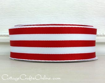 Wired Ribbon, 1.5" , Red and White Stripe - TWENTY FIVE YARD Roll - Offray "Carnival Red", Grosgrain Style, Christmas Wire Edged Ribbon