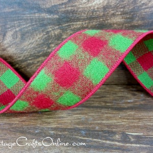 Buffalo Plaid Christmas Wired Ribbon, 1.5 Red, Lime Green Check Flannel TEN YARD ROLL Buffalo Beau 9 Apple Green Wire Edged Ribbon image 2