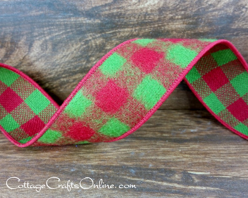 Buffalo Plaid Christmas Wired Ribbon, 1.5 Red, Lime Green Check Flannel TEN YARD ROLL Buffalo Beau 9 Apple Green Wire Edged Ribbon image 2