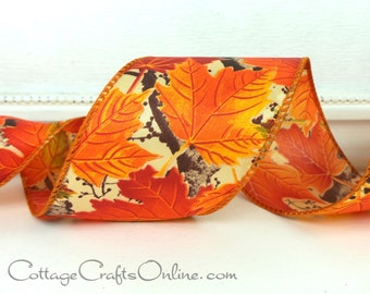 THREE YARDS, Fall Wired Ribbon, 2.5" wide, Orange Maple Leaf Pattern ~ Allegheny 40 ~ Autumn, Thanksgiving Craft Wire Edged Ribbon