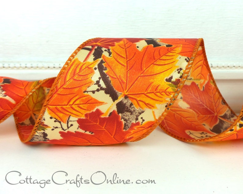 THREE YARDS Fall Wired Ribbon, 2.5 wide, Orange Maple Leaf Pattern Allegheny 40 Autumn, Thanksgiving Craft Wire Edged Ribbon image 1