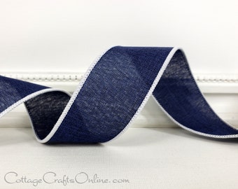 Wired Ribbon, 1.5" Navy Blue Linen Look, White Edge - TEN YARD ROLL ~ Divinely Royal Bandbox Navy ~ Spring Summer Fall Wire Edged Ribbon