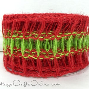 Christmas Wired Ribbon, 2.5&quot; Red Green Burlap Mesh - FIFTEEN YARDS ~ Holiday Net ~ Jute  Craft Wire Edged Ribbon