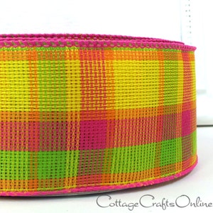 Wired Ribbon, 2.5, Yellow, Pink, Orange, Lime Green Check Plaid THREE YARDS Offray Fruit Salad, Spring, Summer, Wire Edged Ribbon image 2