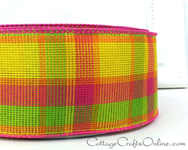 Wired Ribbon, 2.5, Yellow, Pink, Orange, Lime Green Check Plaid THREE YARDS Offray Fruit Salad, Spring, Summer, Wire Edged Ribbon image 2