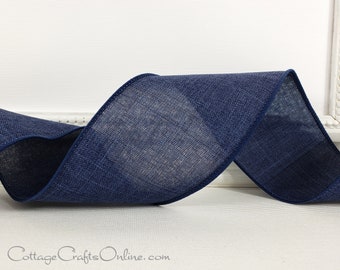 Wired Ribbon, 2.5" Navy Blue Faux Linen - TEN YARD ROLL ~ Divinely Royal Navy 40 ~ Summer, Americana Wire Edged Ribbon