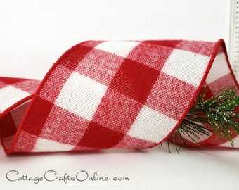 Buffalo Plaid Wired Ribbon, 4", Red and White Flannel ~ TEN YARD Roll  ~ Oscar Buffalo Red 100 ~ Bold Red White Check Wire Edged Ribbon