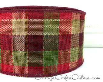 Christmas Wired Ribbon, 2.5" wide, Burgundy, Red, Green, Tan Faux Linen Plaid - TEN YARD ROLL ~ Rustic ~  Craft Wire Edged Ribbon