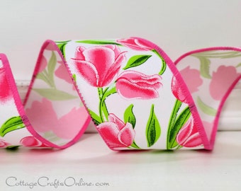 Pink Tulips Wired Ribbon, 2.5" wide,   TEN YARD ROLL ~ Charlene 40 ~  Floral Spring, Summer Flower Wire Edged Ribbon