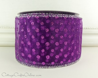 Wired Ribbon, 2.5" , Purple Glitter Dots, Metallic Silver - EIGHT YARD ROLL ~ Circle ~ Halloween, Mardi Gras Wire Edged Ribbon