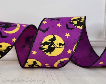 Halloween Wired Ribbon, 2.5", Witch and Broomstick, Moon - Ten Yard Roll ~ Agnes ~ Wire Edged