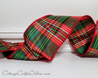 Christmas Wired Ribbon, 2.5 inches wide,  Green, Red, Gold Metallic Tartan Plaid, TEN YARD ROLL ~ Kent