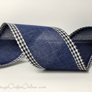 May include: Blue ribbon with a black and white gingham trim. The ribbon is made of a textured fabric and has a subtle sheen.