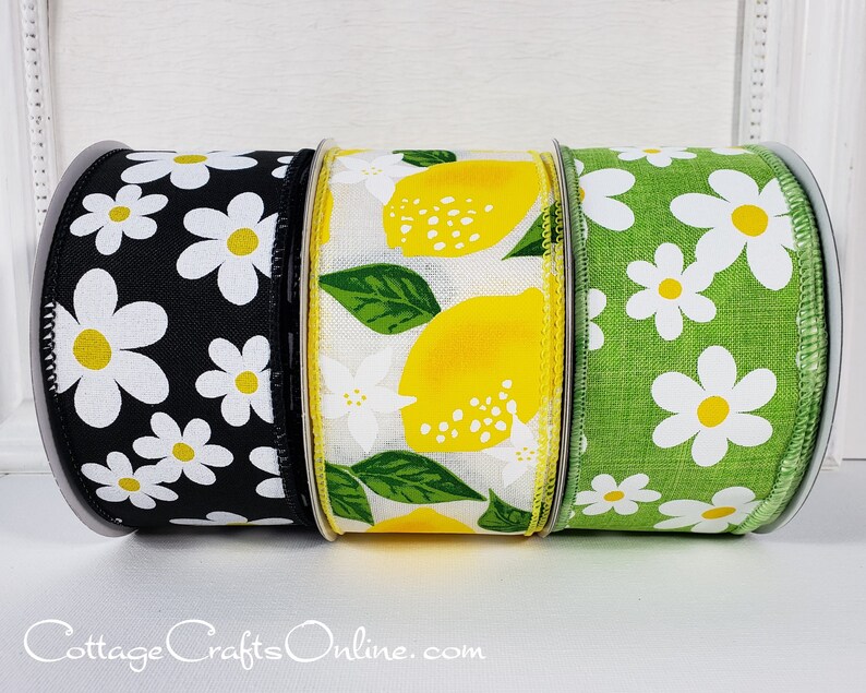 Wired Ribbon, 2.5 wide, Yellow Lemon Print, TEN YARD ROLL Lemons White Spring, Summer, Fruit Print Wire Edged Ribbon image 7