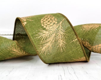 Wired Christmas Ribbon,  Pinecones, Gold Glitter, Moss Green Faux Linen, TWENTY FIVE YARD Roll ~ Teliot Forest ~  Wire Edged Ribbon