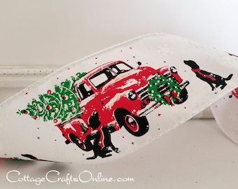 Christmas Wired Ribbon, 2.5" Black Dogs, Red Truck, Christmas Tree - TEN YARD ROLL ~ Rover Gets A Tree ~ Glitter Craft Wire Edge  Ribbon