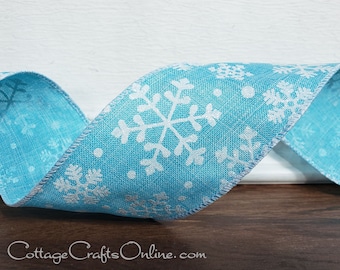 Wired Ribbon 2.5" Aqua Blue with White Glitter Snowflakes - TEN YARDS ~ Falling Snow ~  Christmas Turquoise Wire Edged Ribbon, Linen Look
