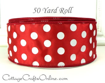 Wired Ribbon, 2.5"  wide, Red and White Polka Dot - FIFTY YARD ROLL -  "Peppermint Dot", Christmas, Valentine  Wire Edged Ribbon