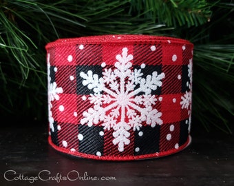 Red Black Check, Glitter Snowflakes - TEN YARD ROLL, 2.5" wide, Buffalo Plaid Christmas Wired Ribbon  ~ Caleb ~ Lumberjack Wire Edged Ribbon