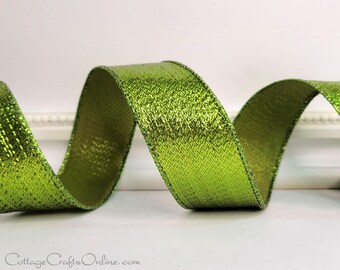 May include: A roll of green metallic ribbon with a shimmery finish. The ribbon is curled and has a textured surface.