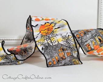 Halloween Wired Ribbon, 2.5", Haunted House, Bats, Pumpkins, Orange - TEN YARD ROLL ~ Haunts ~  Wire Edged Ribbon