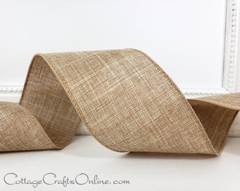 Wired Ribbon, 2 1/2", Tan Beige Faux Linen - TEN YARD ROLL  ~ Divinely Royal Natural 40 ~ Thanksgiving, Autumn Wire Edged Ribbon