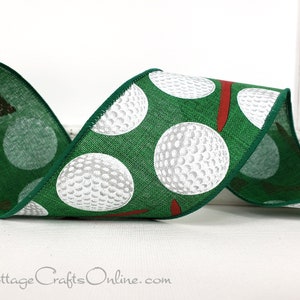 Wired Ribbon,  2.5",  Golf Balls, Tees Print - TEN YARD ROLL -  Red Tees, Green Faux Linen Sports  Wire Edged
