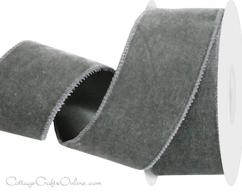 Christmas Wired Ribbon, 2.5", Dark Grey Velvet with Satin Back - TEN YARD Roll - Lowell  40 ~ Gray Holiday Wire Edged Ribbon